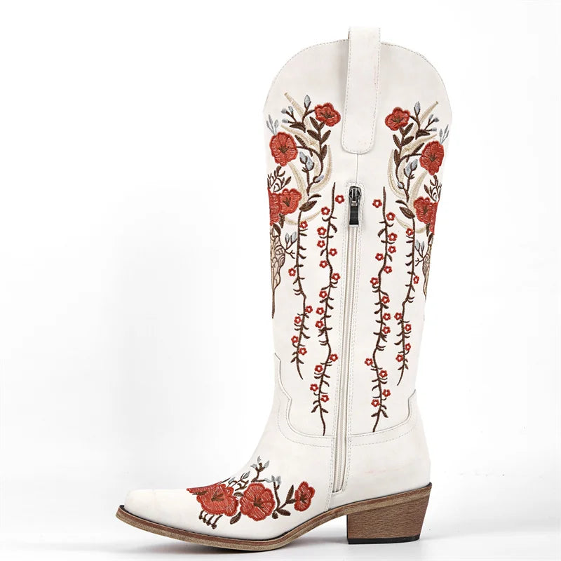 Onlymaker Women White Floral Western Embroidery Cowgirl Boots Pointed Toe Side Zipper Knee High with Chunky Heel  Boots