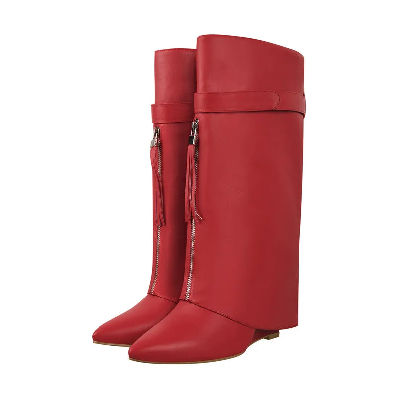 Onlymaker Knee High Boots Women Pointed Toe Black Red Wedge Heel Fold Over Matte Boots Winter Fashion Big Size  Handmade Modern