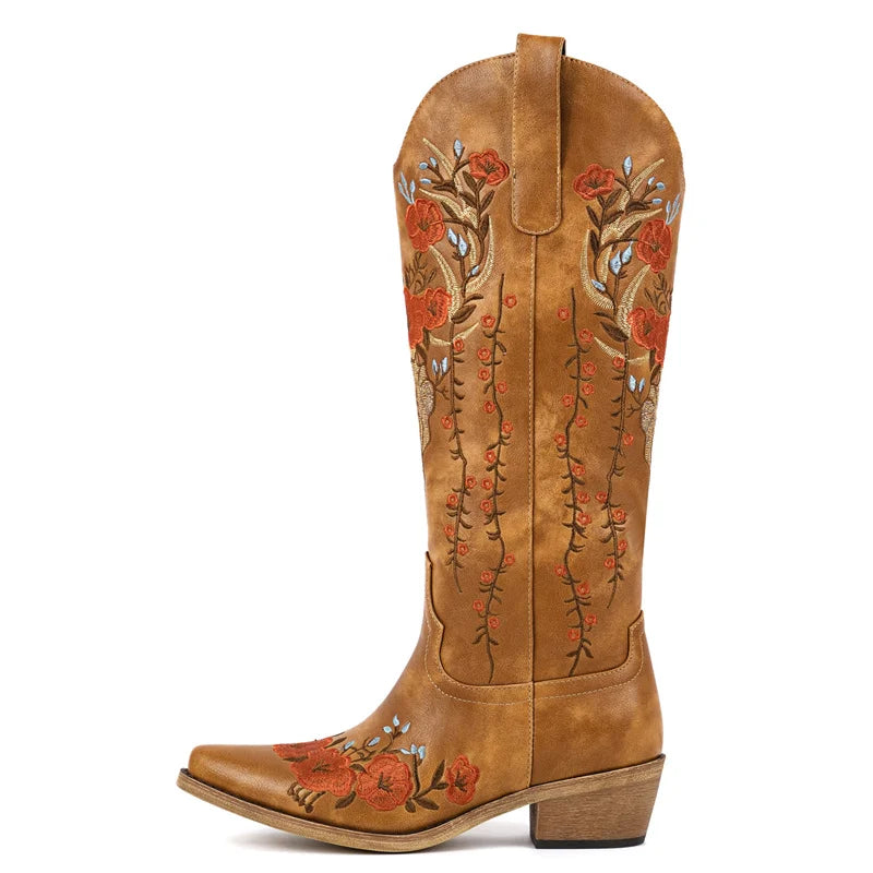 Onlymaker Women White Floral Western Embroidery Cowgirl Boots Pointed Toe Side Zipper Knee High with Chunky Heel  Boots