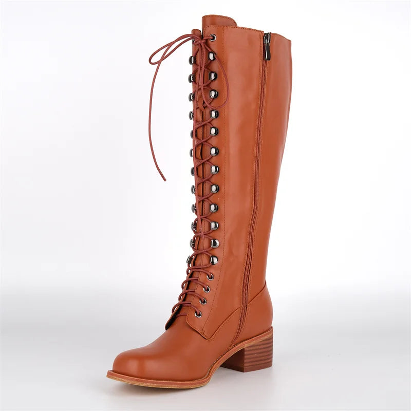 Onlymaker Women Square Toe Knee High Boots Black Matte Gothic Heeled Concise Side Zipper Winter Lace UP Motorcycle Boots