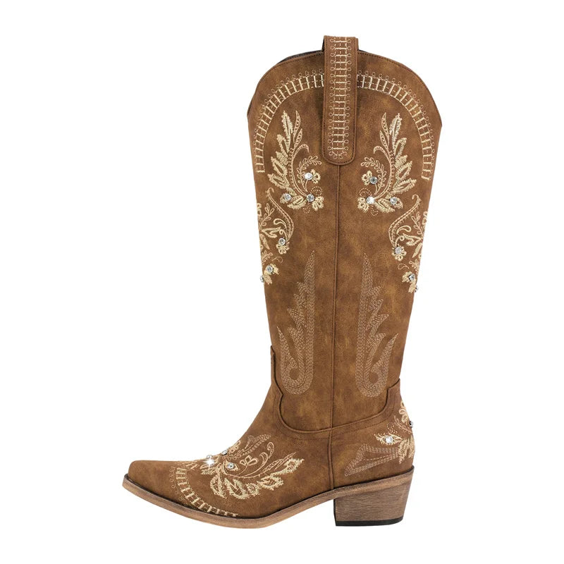 Onlymaker Women Pointed Toe Embroidered White Western Cowboy Boots Block Heel Pull-On Cowgirl Booties