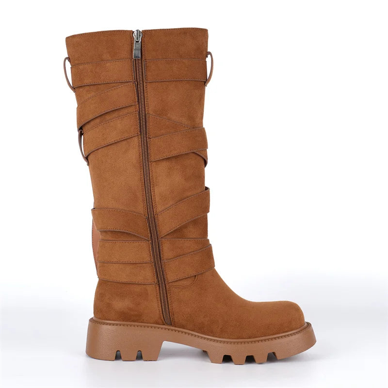 Onlymaker Round Toe Brown Faux Suede Leather  Buckle Strap Mid-Calf Boots  Autumn Solid Side Zipper Fashion Elegant Boots