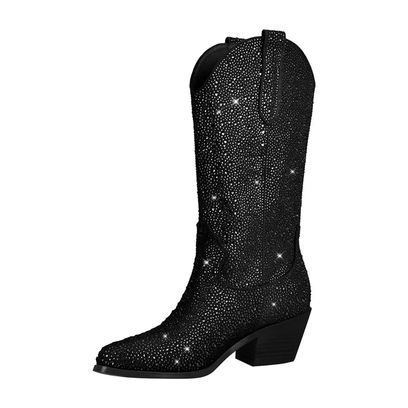 Women Knee High Boots Rhinestone Booties Glitter Bling Western Pointed Toe Block Heel Pull-On Cowgirl Booties