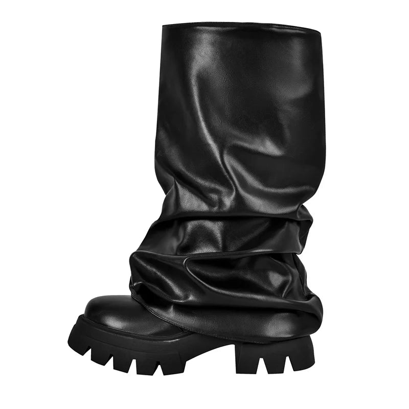 Onlymaker Women Platform  Pleated Fold Over Boots Round Toe Handmade Female Fashion Mid-Calf Boots