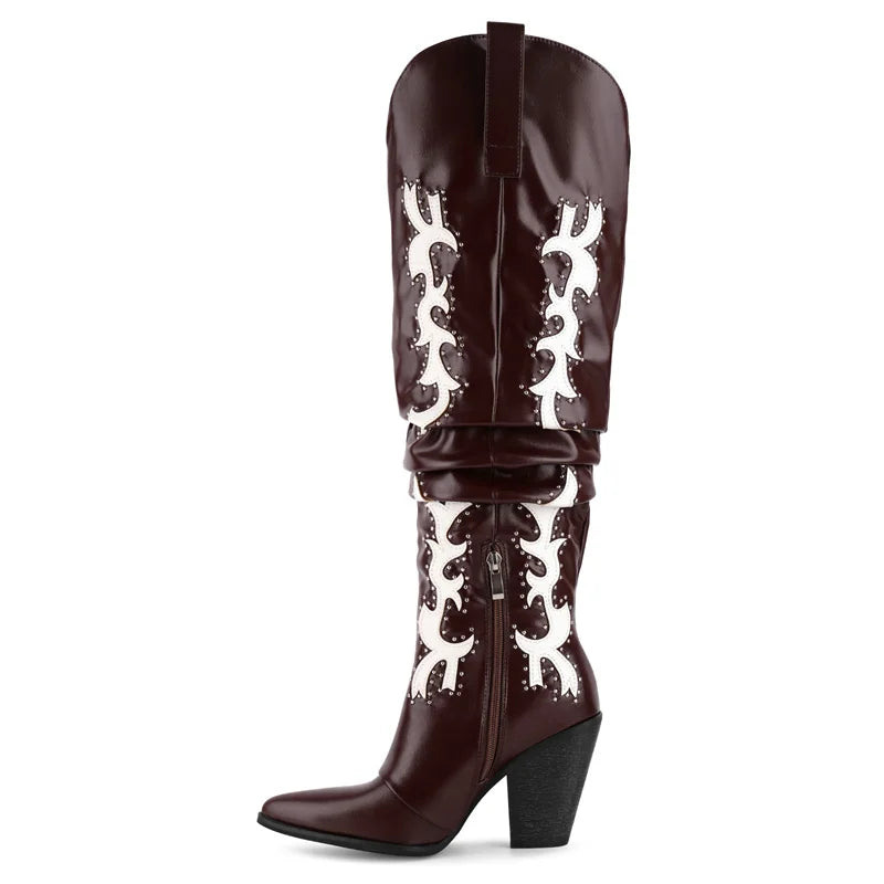 Onlymaker Women  Embroidered Over the Knee High Heel Boots Side Zipper Studded Slouch Wide calf Cowgirl Western Boots