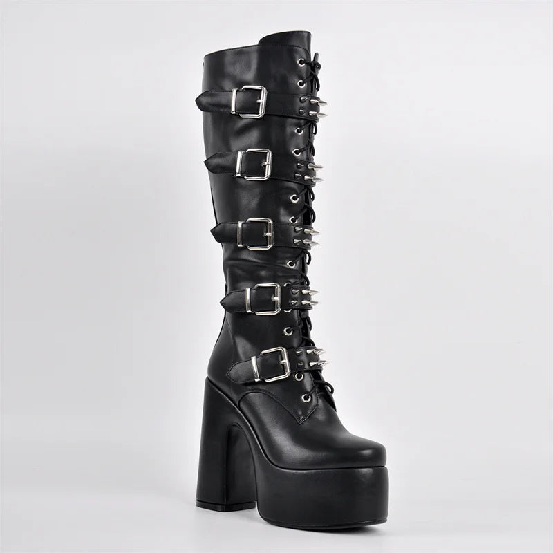 Onlymaker Round Toe Platform Boots Chunky Heel Buckle Gothic Boots Side Zipper Rock Couples Cosplay Biker Punk Boots