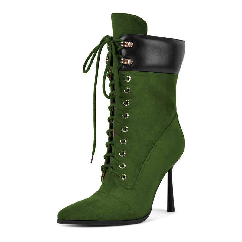Onlymaker Women Pointed Toe Double Stiletto High Heel Lace Up Mid-Calf Boots Fashion Sexy Lace Up Strappy Knee High Boots