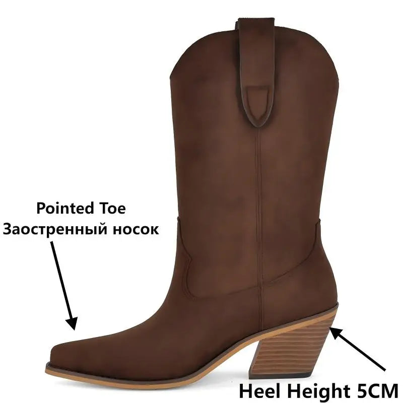Onlymaker Women Pointed Toe Chunky High Heel Western Cowgirl Boots Hollow Mid-Calf Boots Retro Light Pull On Boots