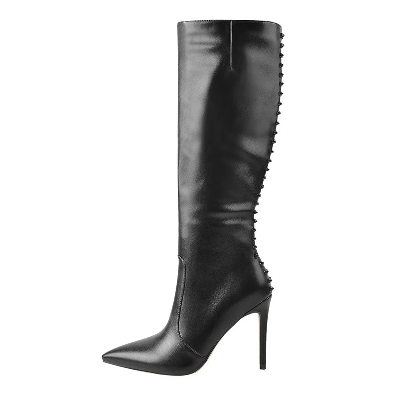 Onlymaker Pointed Toe Knee High Boots Stiletto High Heels Soft PU Leather Flock Concise Side Zipper Big Size Fashion Boots