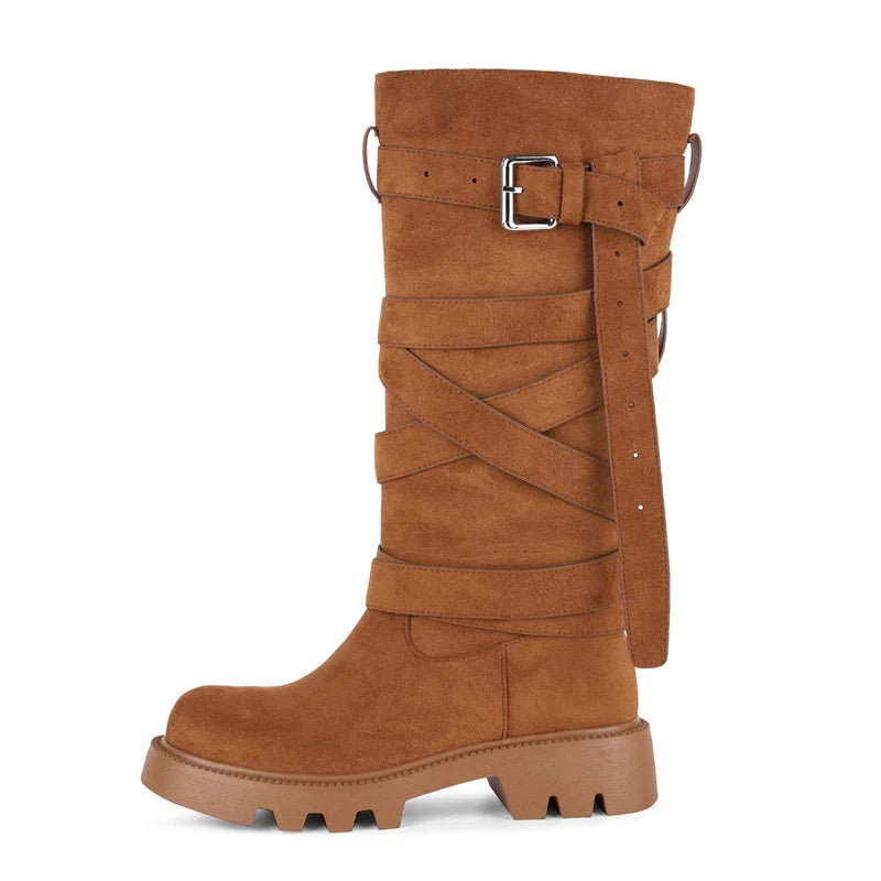 Onlymaker Round Toe Brown Faux Suede Leather  Buckle Strap Mid-Calf Boots  Autumn Solid Side Zipper Fashion Elegant Boots