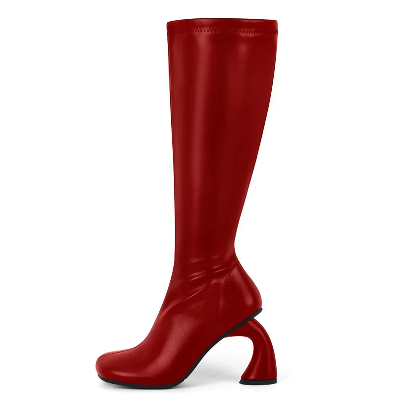 Onlymaker Women Square Toe The Knee Boots Side Zipper Shaped Heel High Boots