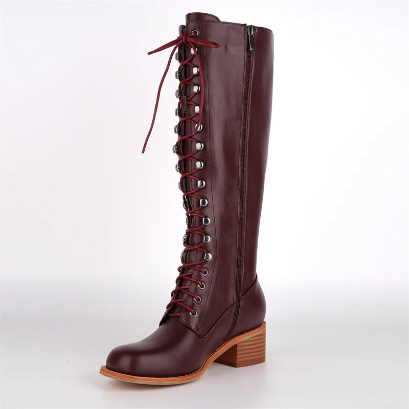 Onlymaker Women Square Toe Knee High Boots Black Matte Gothic Heeled Concise Side Zipper Winter Lace UP Motorcycle Boots