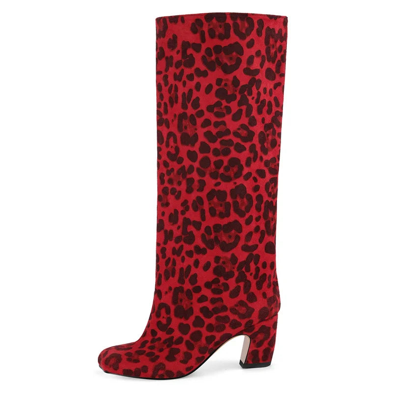 Onlymaker Square Toe Leopard Faux Suede Leather Knee-high Boots Chunky Heel Autumn Solid Slip On Fashion Elegant Boots