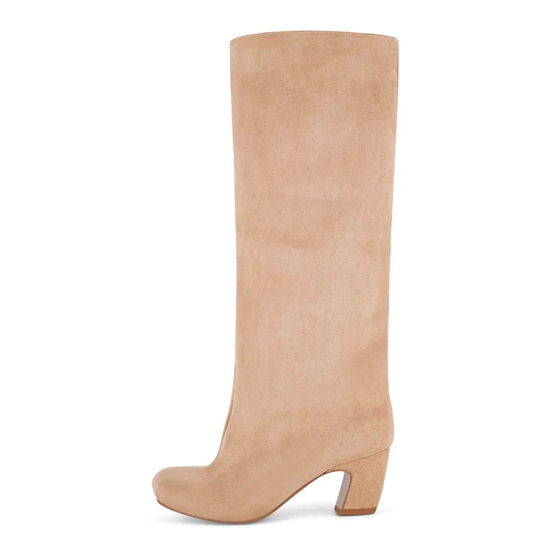 Onlymaker Square Toe Leopard Faux Suede Leather Knee-high Boots Chunky Heel Autumn Solid Slip On Fashion Elegant Boots