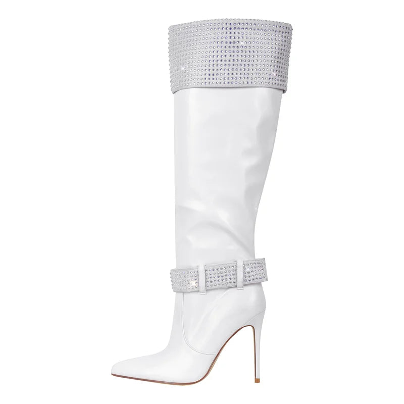 Onlymaker Women Rhinestone Pointed Toe Black Matte Knee High Boots Stiletto Fashion  Long Boots