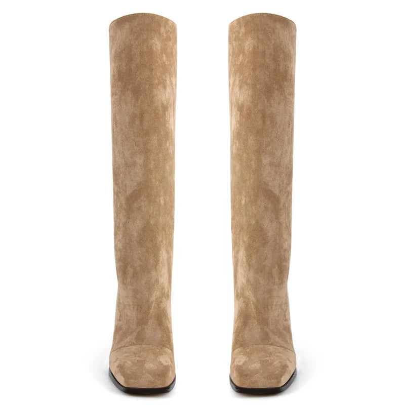 Onlymaker Square Toe Faux Suede Leather Knee-high Boots Chunky Heel Shoes Autumn Solid Slip On Fashion Elegant Boots