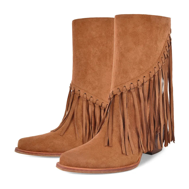 Onlymaker Women Pointed Toe Pull-on Knee High Fringe Cowgirl Boots Comfy Pull On Mid Calf Western Boots
