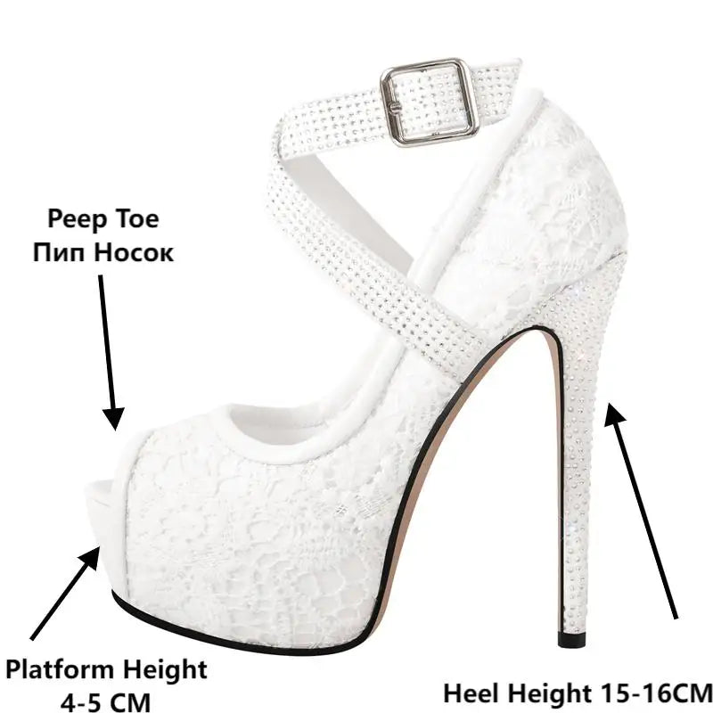 Peep Toe Platform Lace Floral  Mesh High Heels Thin High Heels Slip On Ankle Strap Women Pumps