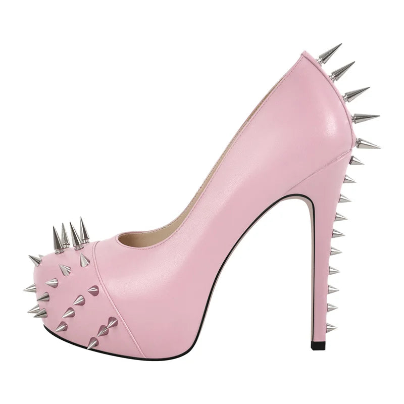 Women  Round Toe Pink Platform Rivet  Heels Pumps Dress Party Dress Sexy 13CM Stiletto Slip On Heels Shoes