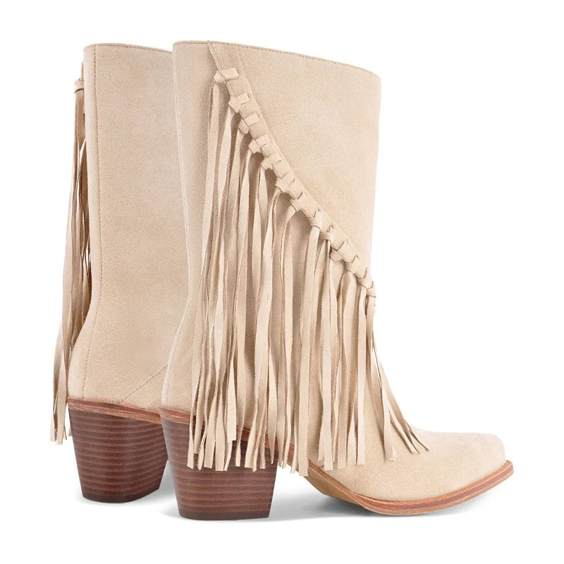 Onlymaker Women Pointed Toe Pull-on Knee High Fringe Cowgirl Boots Comfy Pull On Mid Calf Western Boots