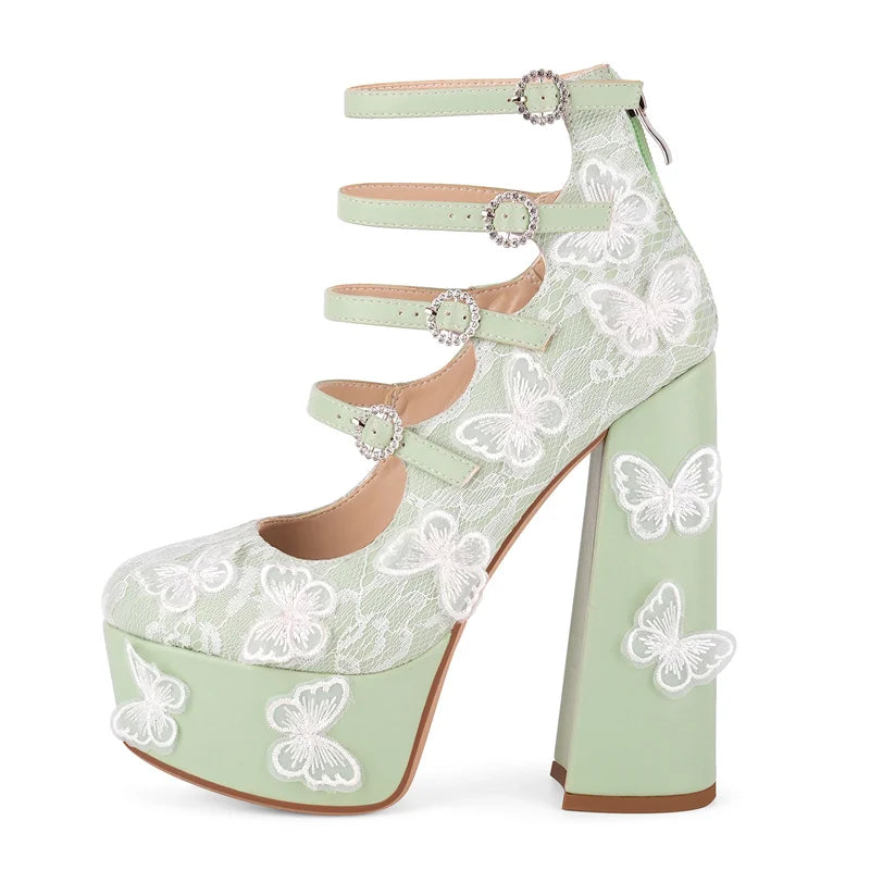 Women Platform Butterfly Lace Mesh Multi Buckle Strap Pumps Sexy  Party Dress Back Zipper Ankle Strap Shoes