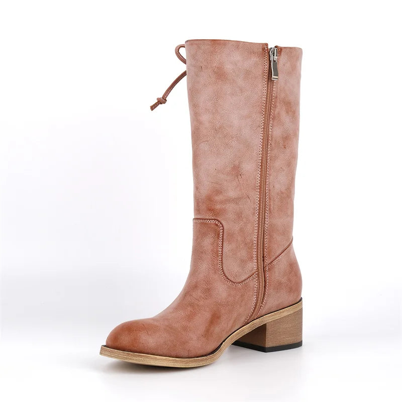 Onlymaker Round Toe Faux Suede Leather Knee-high Boots Chunky Heel Shoes Autumn Solid Slip On Fashion Elegant Boots