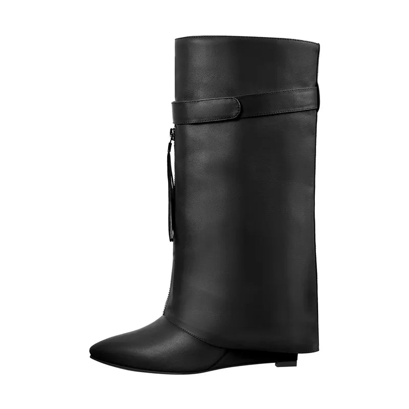 Onlymaker Knee High Boots Women Pointed Toe Black Red Wedge Heel Fold Over Matte Boots Winter Fashion Big Size  Handmade Modern