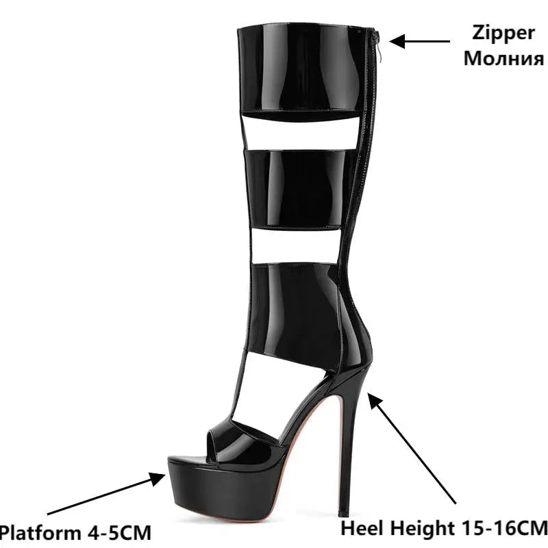 Onlymaker Women Platform Patent Leather Zipper Knee High Boots Sexy Thin High Heel Hollow Gladiator Cutout  Boots Sandals