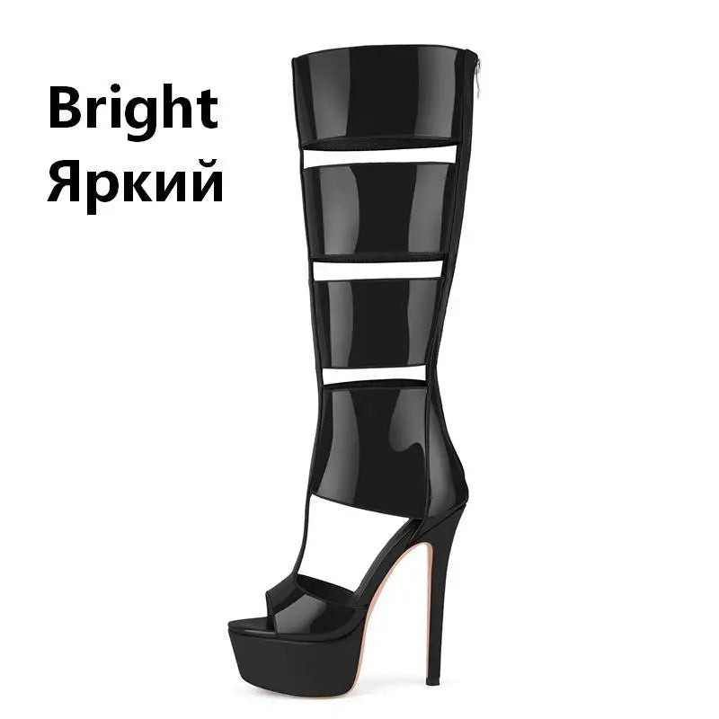 Onlymaker Women Platform Patent Leather Zipper Knee High Boots Sexy Thin High Heel Hollow Gladiator Cutout  Boots Sandals