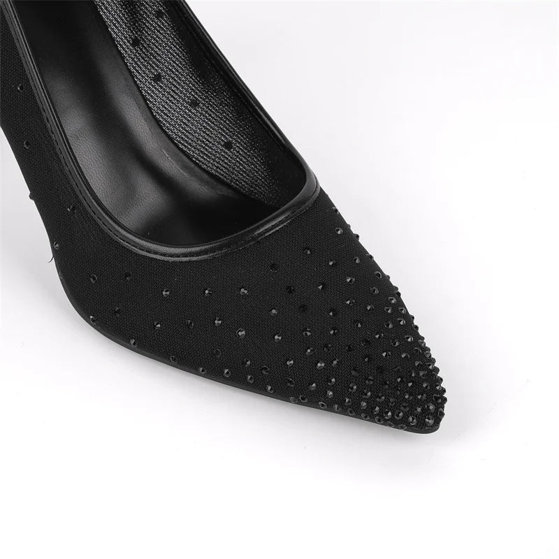 Women Pointed Toe Rhinestone Mesh Pumps High Heeled Big Size Slip On Party Wedding Bride  Stiletto Pumps