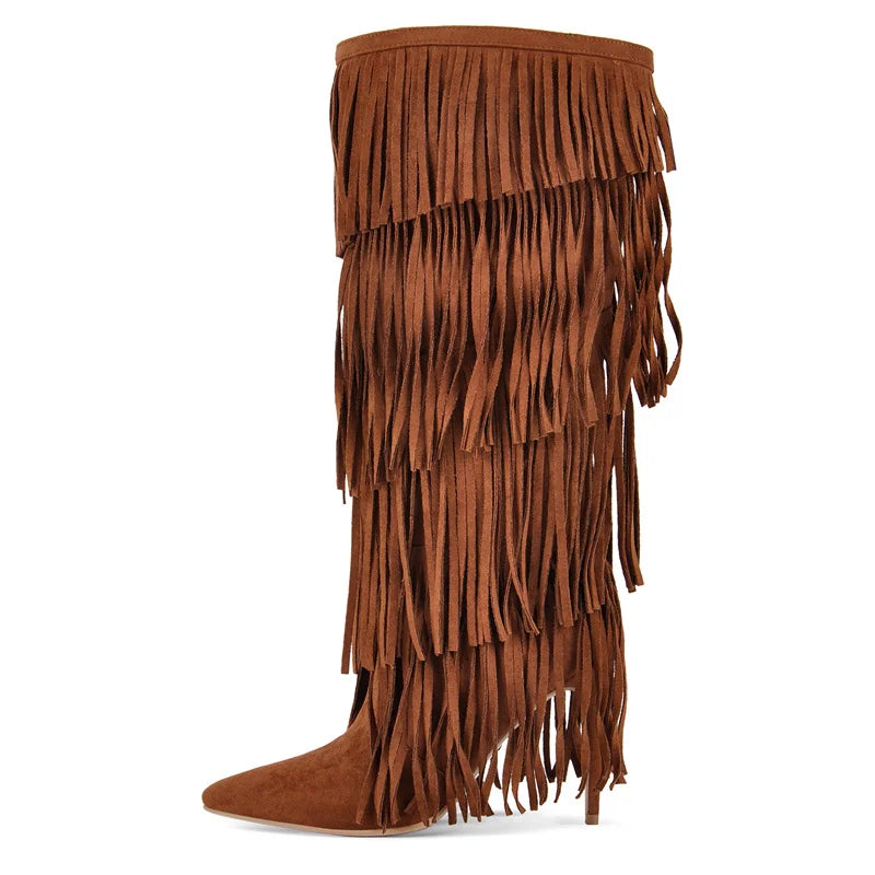 Onlymaker Women Pointed Toe Fringe Boots Comfy Pull On Mid Calf Thin Heel Pull-on Knee High Boots