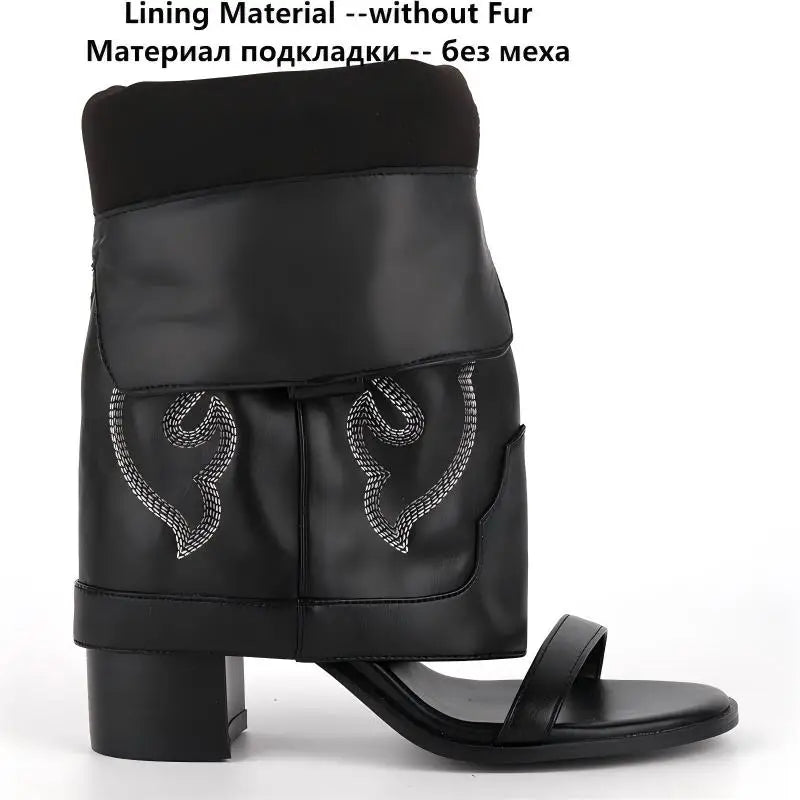 Onlymaker Women Open Toe Embroidery Chunky Heel Mid-Calf Bootie Sandals Folded Over Boots
