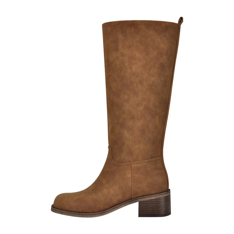 Onlymaker Women Round Toe Knee High Boots Low Heel  Fashion Pull on Wide Calf  Boots