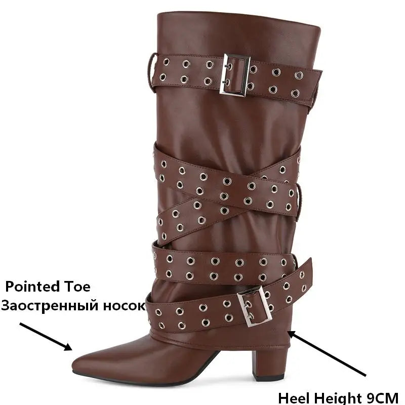 Pointed Toe Fold Over Buckle Strap Mid-Calf Boots Chunky Heel Shoes Autumn Solid Pull On Fashion Elegant Boots