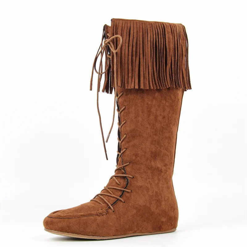 Women Round Toe Lace Up Faux Suede Fringe Knee High Boot Side Zipper Chuny Heel Flat Boots