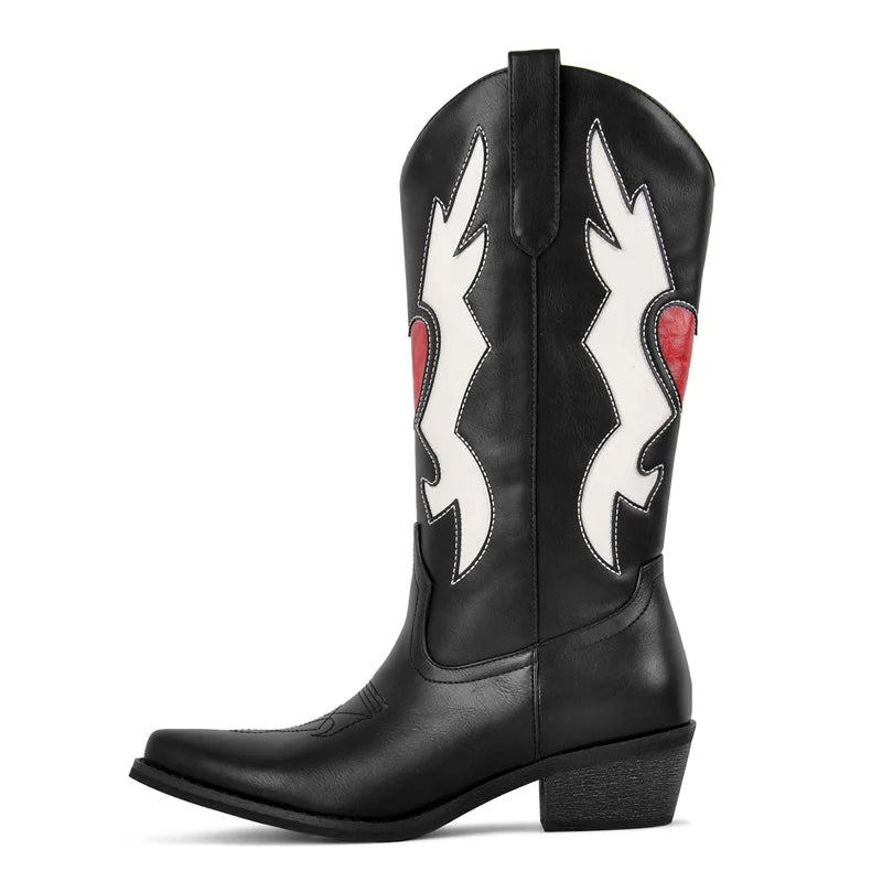 Onlymaker Pointed Toe Cowboy Boots for Women Western Cowgirl  Chunky Heel Embroidered Mid Calf  Pull On Slip on Boots