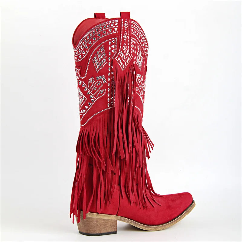 Onlymaker Women Pointed Toe Fringe Pull On Retro Western Cowgirl Boots Fringed Chunky Heel Embroidery Cowboy Boots