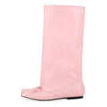 Women Pink Square Toe Bow Flat With Mid-Calf Boots Pull On Cowgirl Western Boots