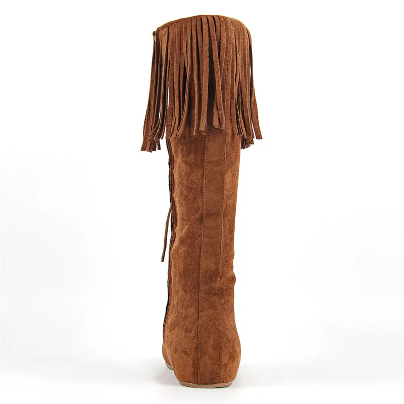 Women Round Toe Lace Up Faux Suede Fringe Knee High Boot Side Zipper Chuny Heel Flat Boots