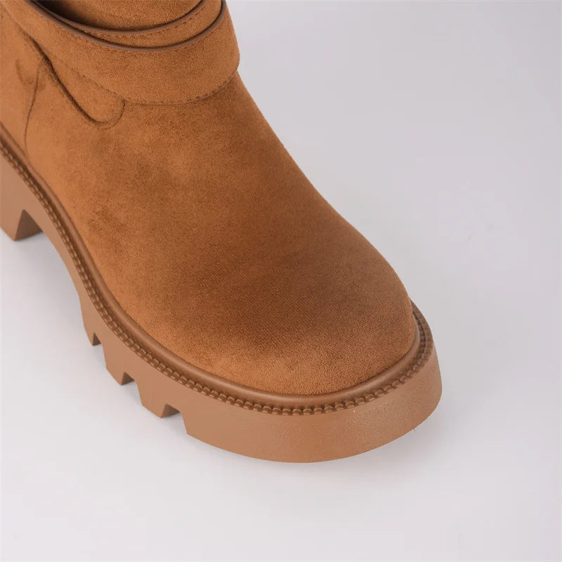 Onlymaker Round Toe Brown Faux Suede Leather  Buckle Strap Mid-Calf Boots  Autumn Solid Side Zipper Fashion Elegant Boots