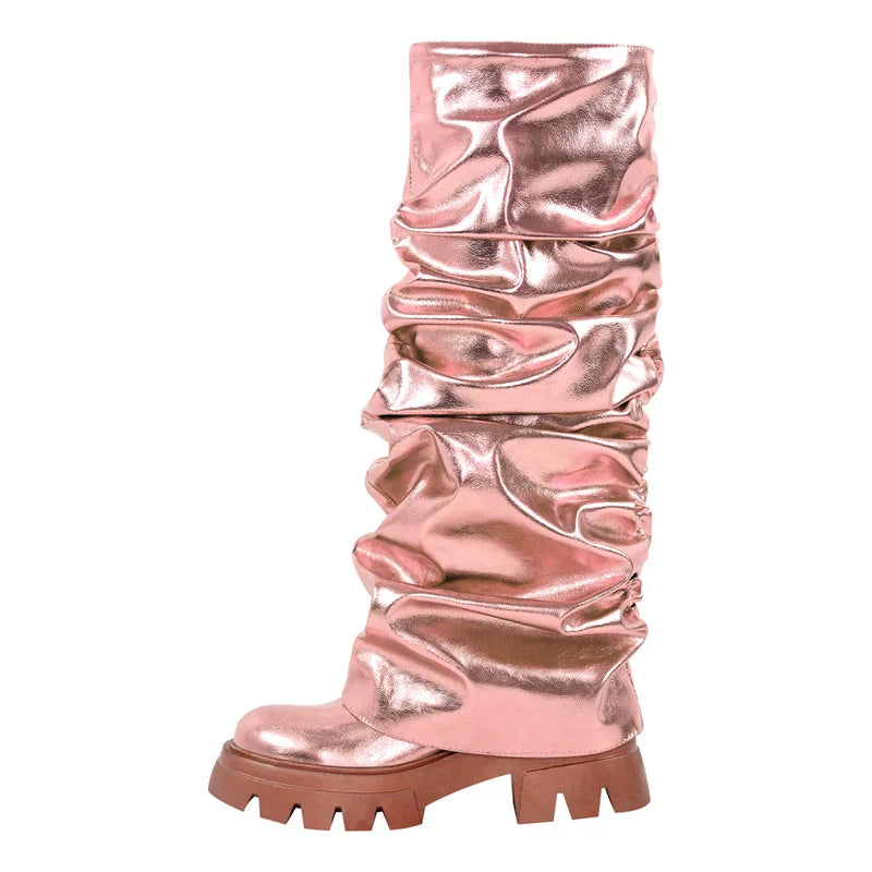 Onlymaker Women Green Round Toe Fold Over Boots Webs Fashion Handmade Female Mid-Calf Boots