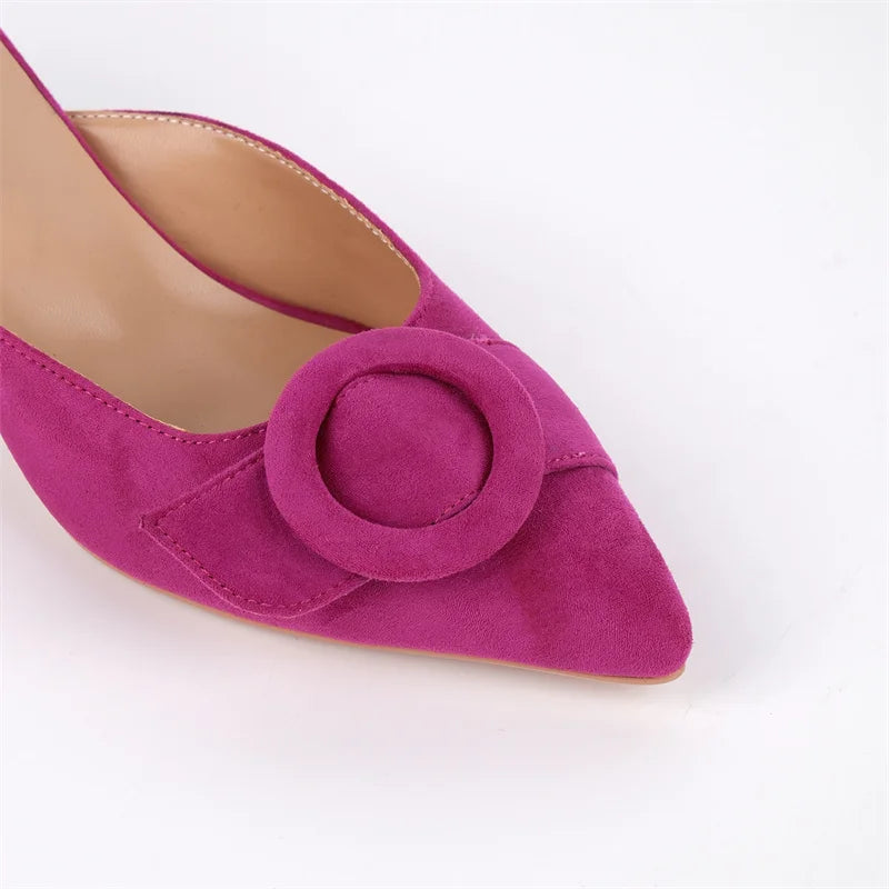 Women Pointed Toe Pink Faux Suede Kitten Heel Slip On Mules Shoes