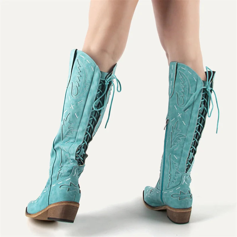 Onlymaker Women Cowgirl Boots Embroidery Lace-up Knee High Wide Calf Western Cowboy Boots