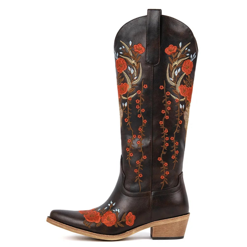 Onlymaker Women White Floral Western Embroidery Cowgirl Boots Pointed Toe Side Zipper Knee High with Chunky Heel  Boots