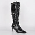 Onlymaker Women Pointed Toe Lace Up  Knee-high Boots Thin Heel Side Zipper Fashion Elegant Faux Leather Boots