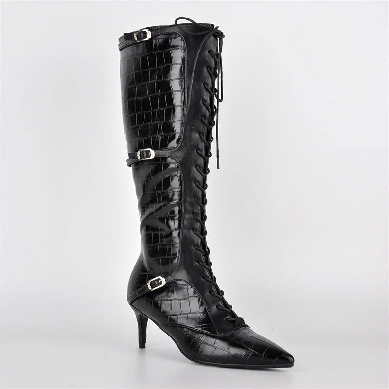 Onlymaker Women Pointed Toe Lace Up  Knee-high Boots Thin Heel Side Zipper Fashion Elegant Faux Leather Boots