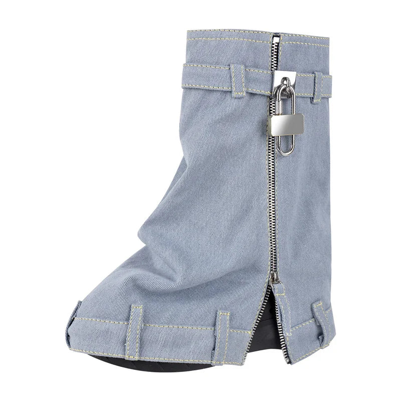 Women Denim Ankle Boots Lock Shark Boots Zipper Washed Cloth Create Old Design Wedge Heel Thick Fashion  Booties