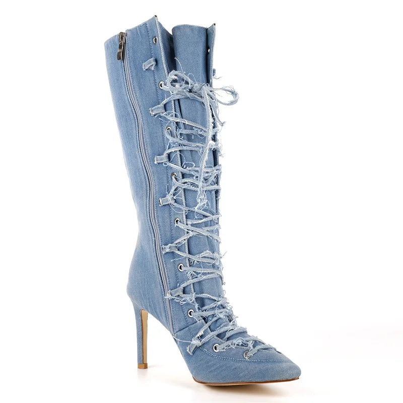 Women Pointed Toe Denim Strappy Retro Mid Calf Boots Side Zipper Thin High Heels Sexy Party Lace-up Stilettos Modern