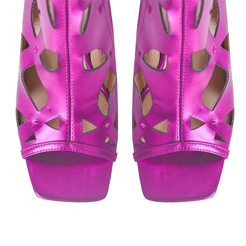 Onlymaker Women Fuchsia Long Boots Concise Peep Toe Stiletto High Heel Shoes Side Zipper Hollow Over The Knee Boots