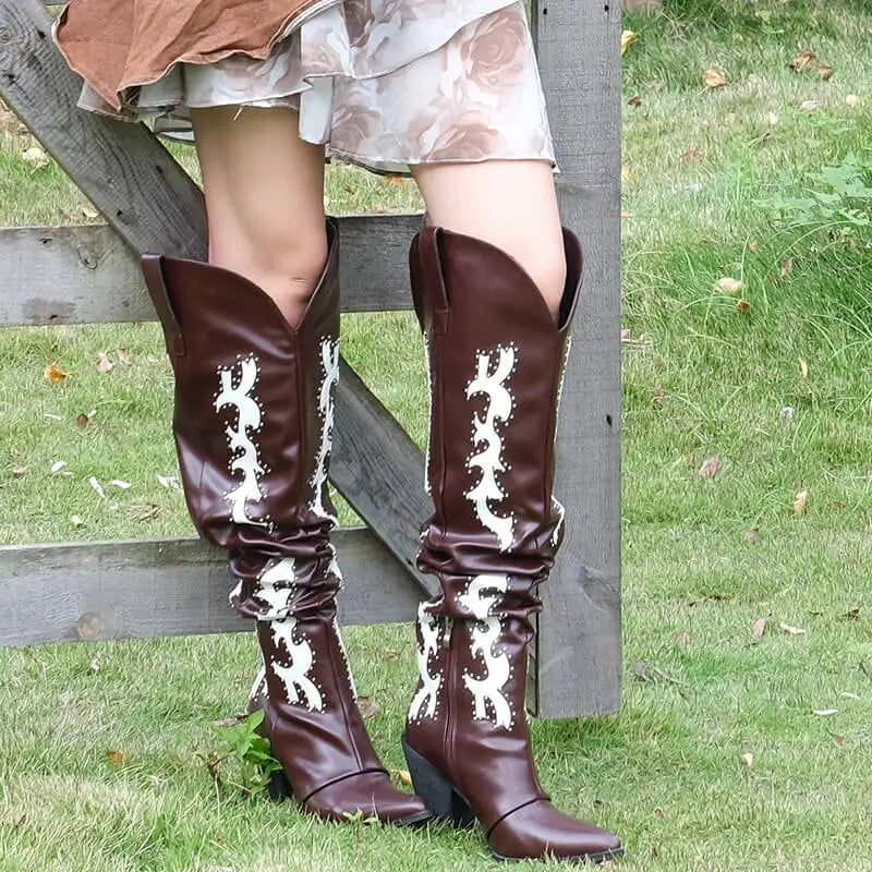 Onlymaker Women  Embroidered Over the Knee High Heel Boots Side Zipper Studded Slouch Wide calf Cowgirl Western Boots